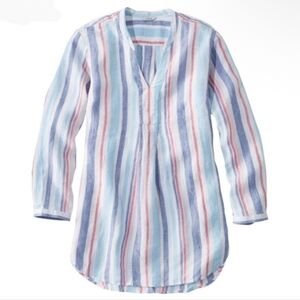 L.L. Bean Premium Washable Linen Tunic in Pool Blue Stripe Size Small Petite